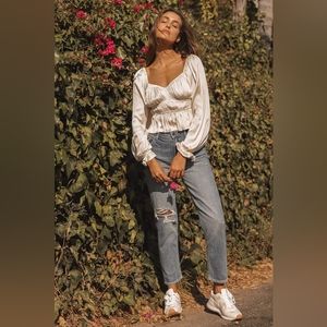 Sophisticate Cream Satin Ruched Long Sleeve Top